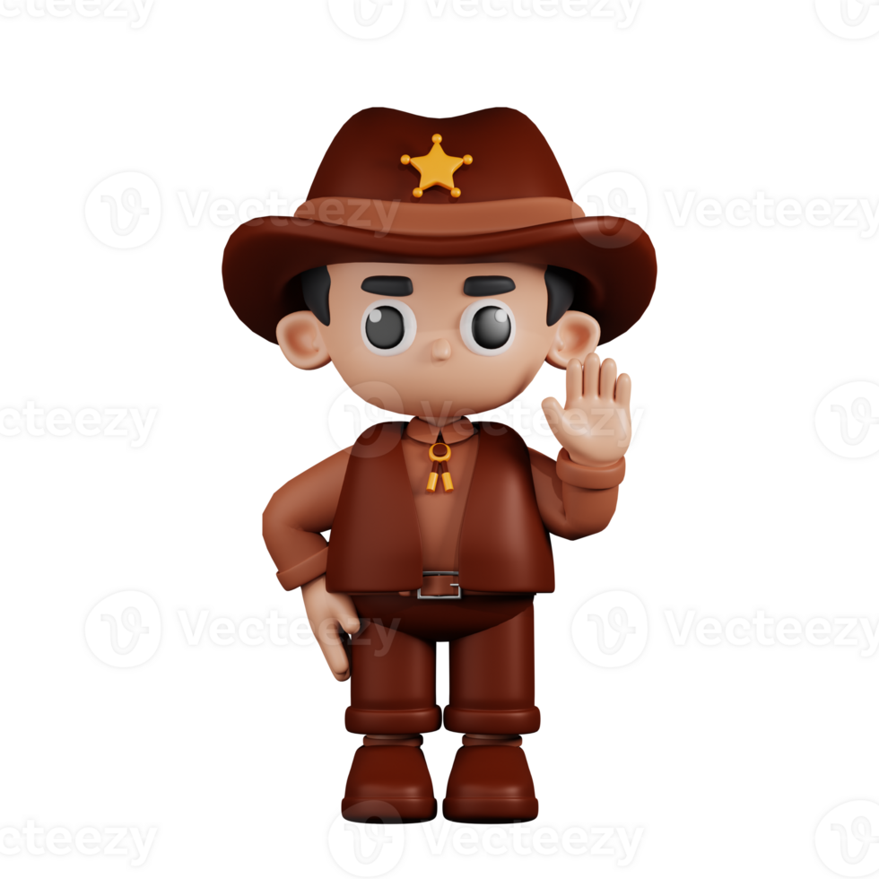 3d Character Sheriff Hands Up Pose. 3d render isolated on transparent backdrop. png