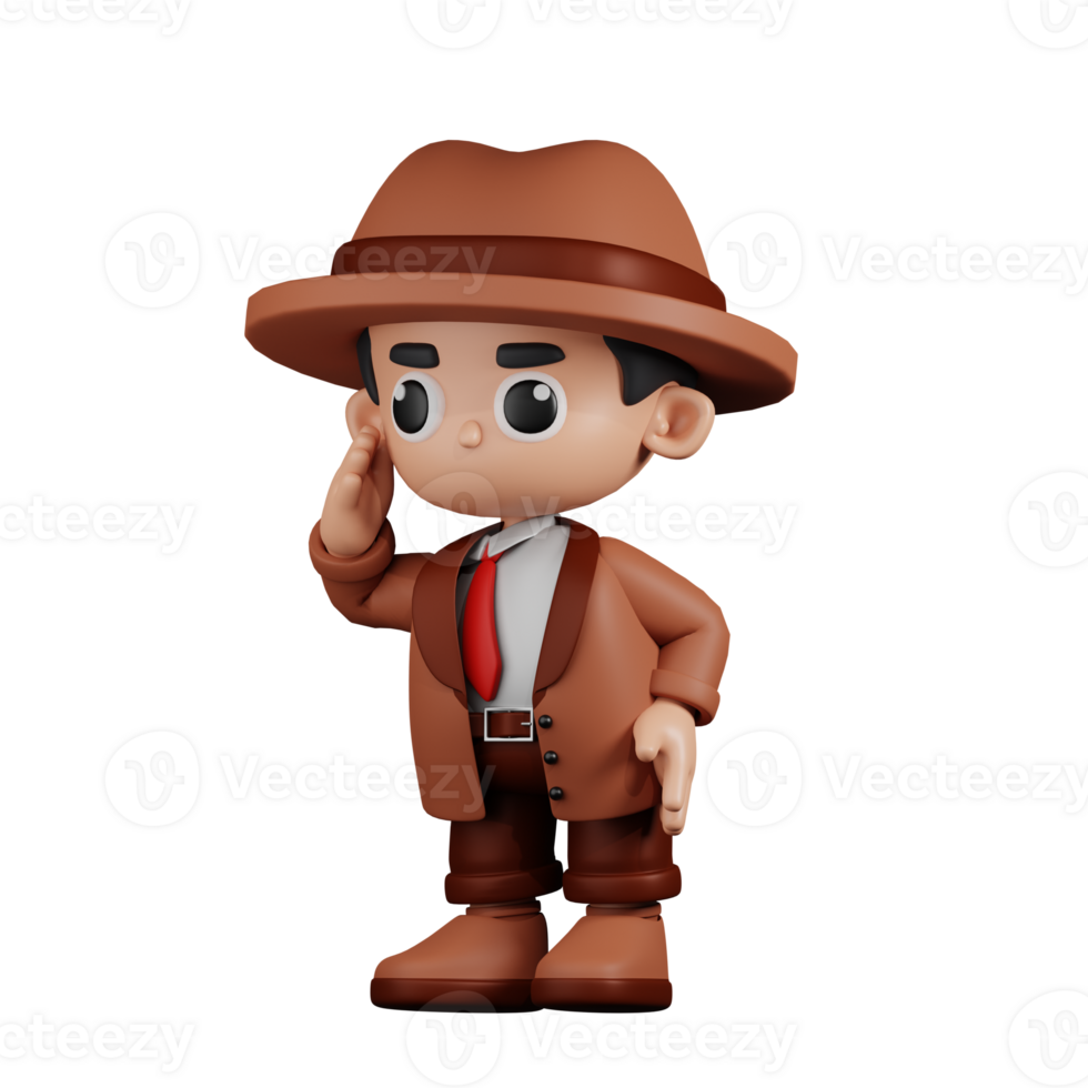 3d Character Detective Looking for Something Pose. 3d render isolated on transparent backdrop. png
