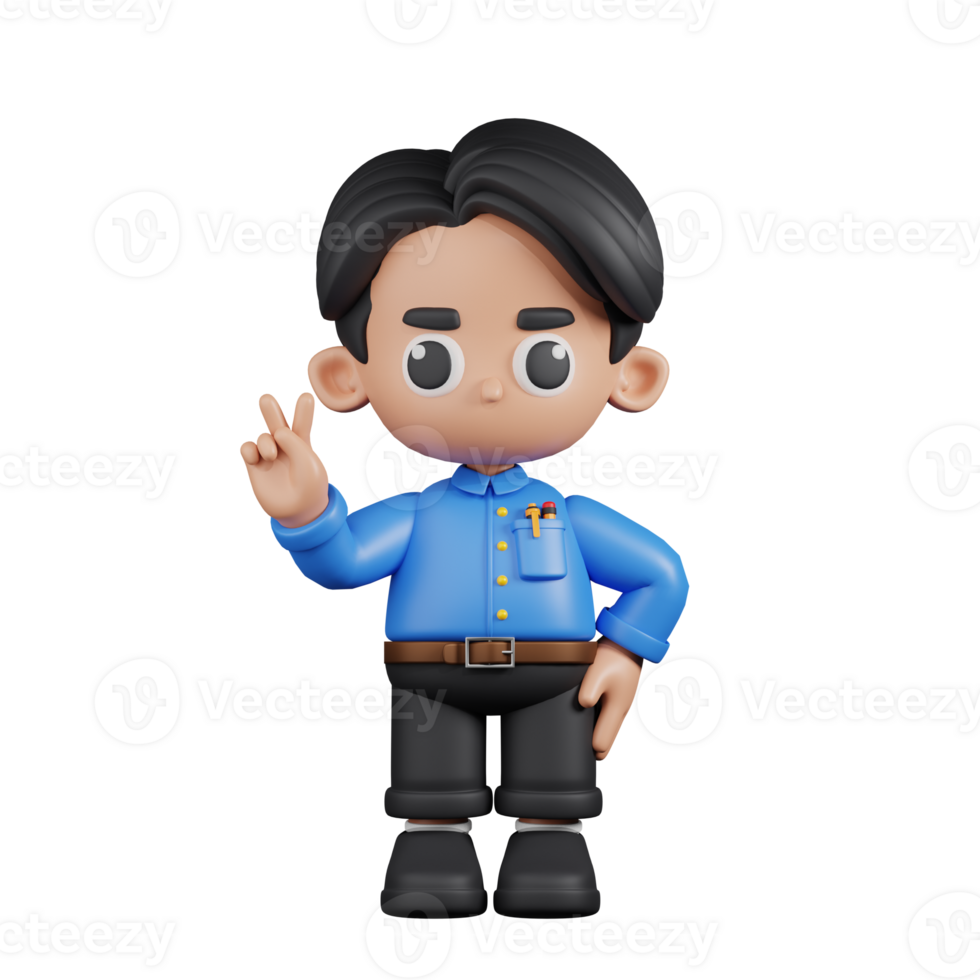 3d Character Teacher Showing Peace Sign Pose. 3d render isolated on transparent backdrop. png