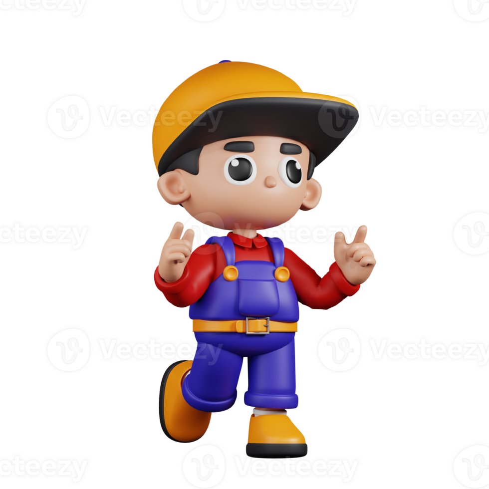 3d Character Mechanic Feeling Happy Pose. 3d render isolated on transparent backdrop. png