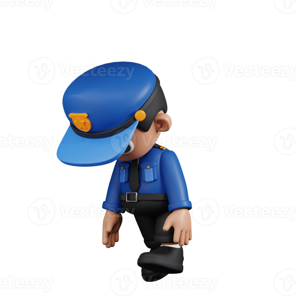 3d Character Policeman Tired Walk Pose. 3d render isolated on transparent backdrop. png