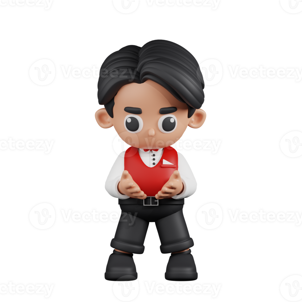3d Character Waitress Holding Something Pose. 3d render isolated on transparent backdrop. png