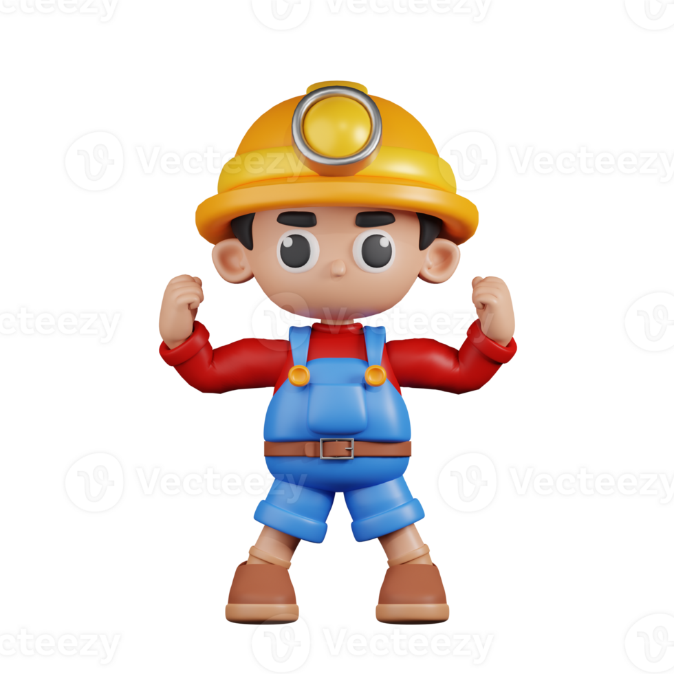 3d Character Miner Looking Strong Pose. 3d render isolated on transparent backdrop. png