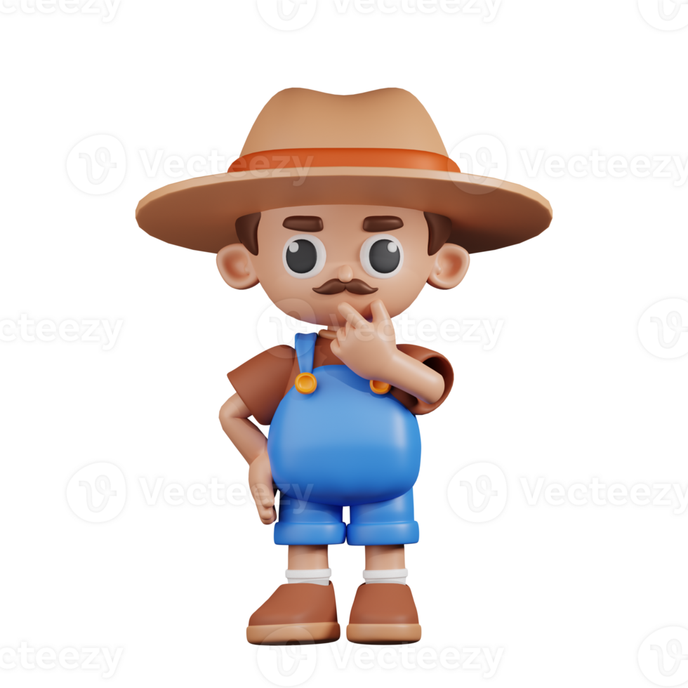 3d Character Farmer Curious Pose. 3d render isolated on transparent backdrop. png