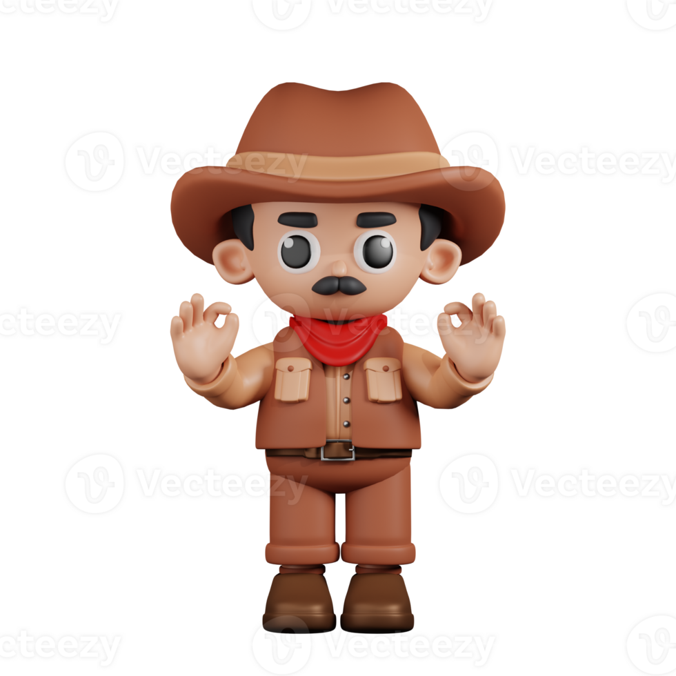 3d Character Cowboy Giving Ok Hand Gesture Pose. 3d render isolated on transparent backdrop. png