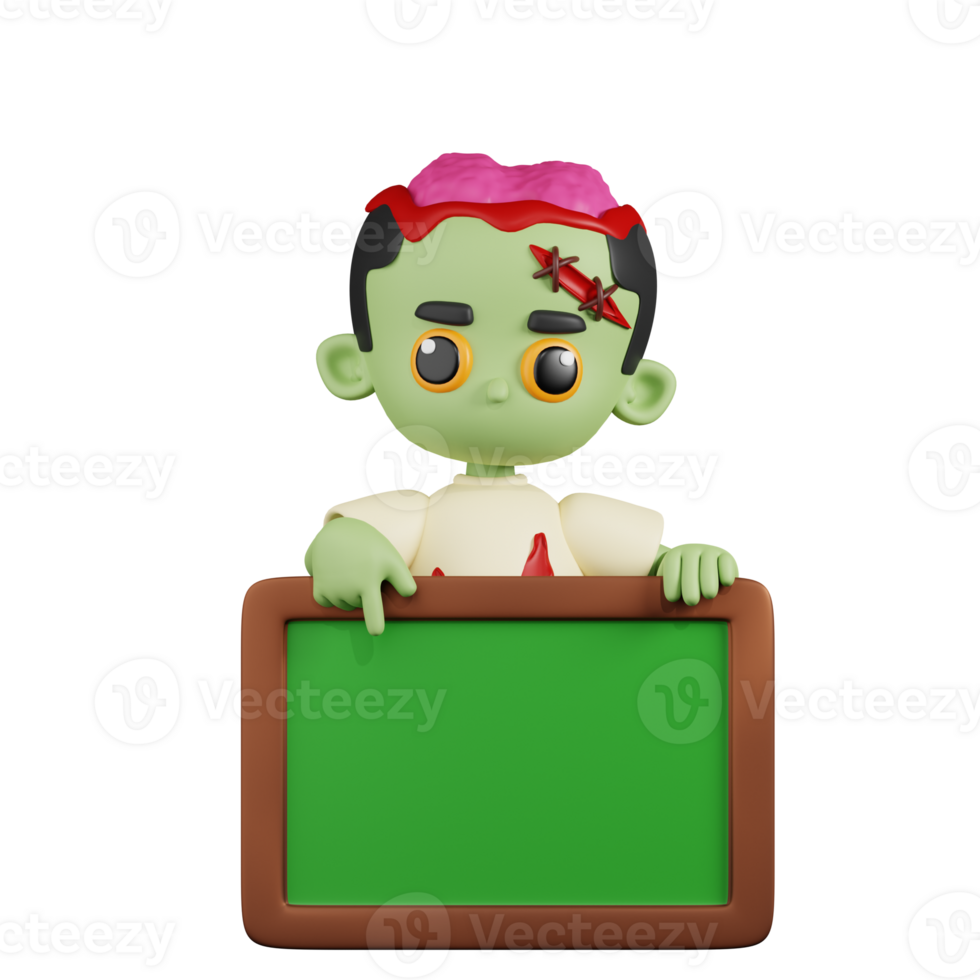 3d Character Zombie With a Big White board Pose. 3d render isolated on transparent backdrop. png