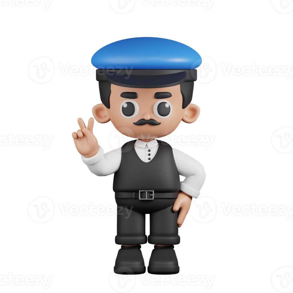 3d Character Driver Showing Peace Sign Pose. 3d render isolated on transparent backdrop. png