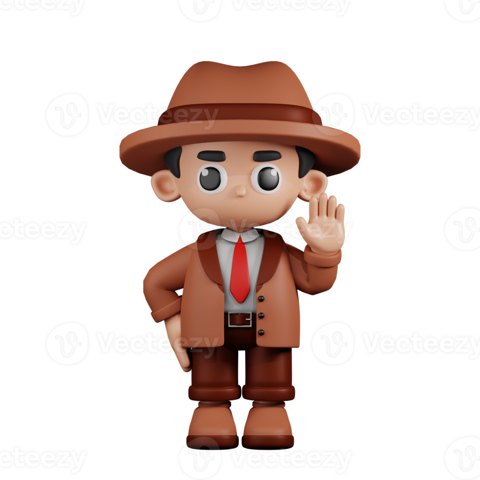 3d Character Detective Hands Up Pose. 3d render isolated on transparent backdrop. png