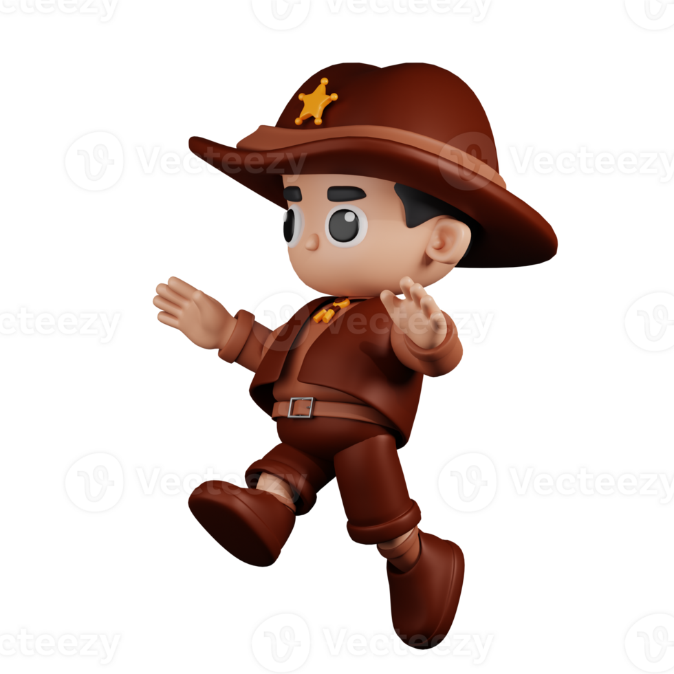 3d Character Sheriff Jumping Pose. 3d render isolated on transparent backdrop. png