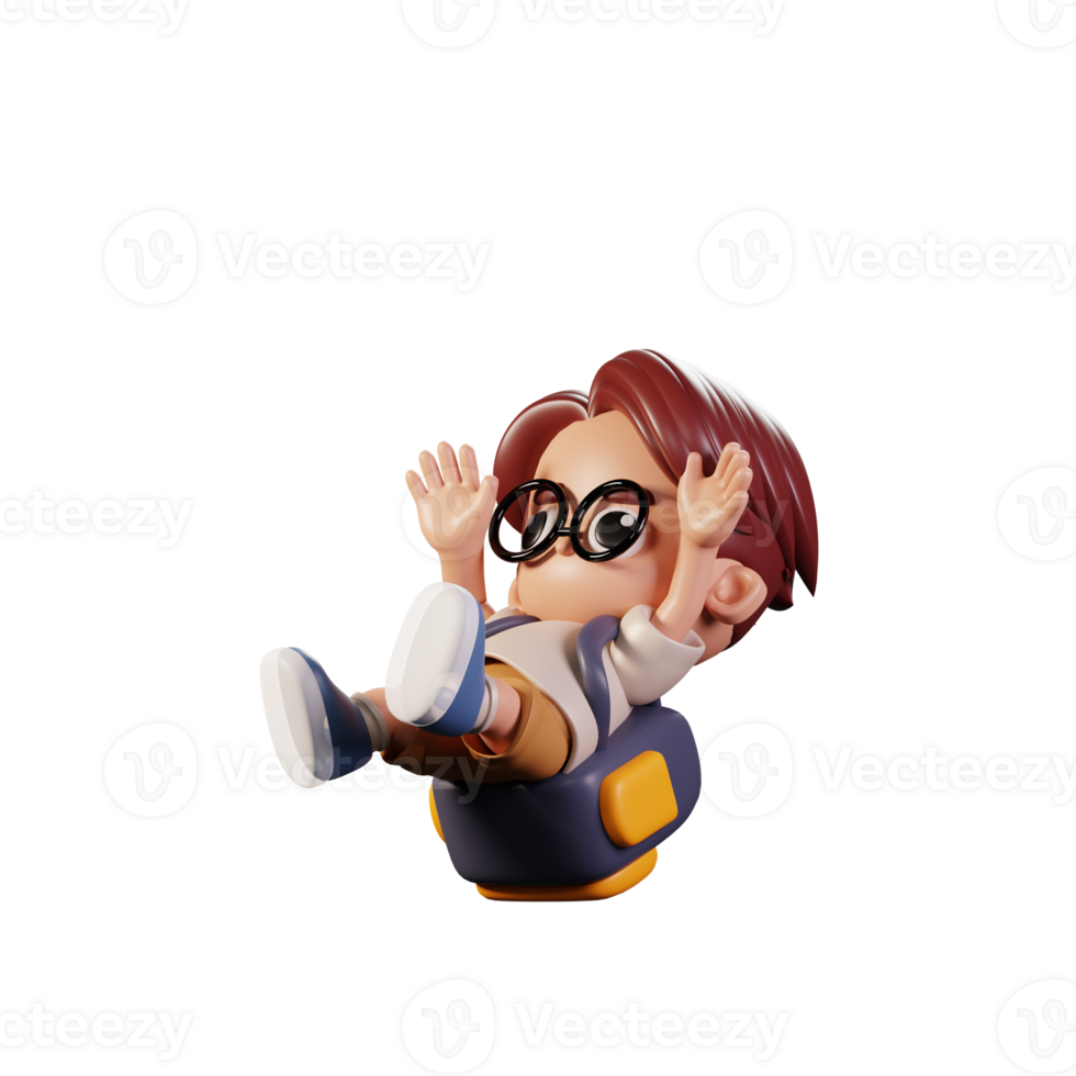 3d Character Student Falling Pose. 3d render isolated on transparent backdrop. png