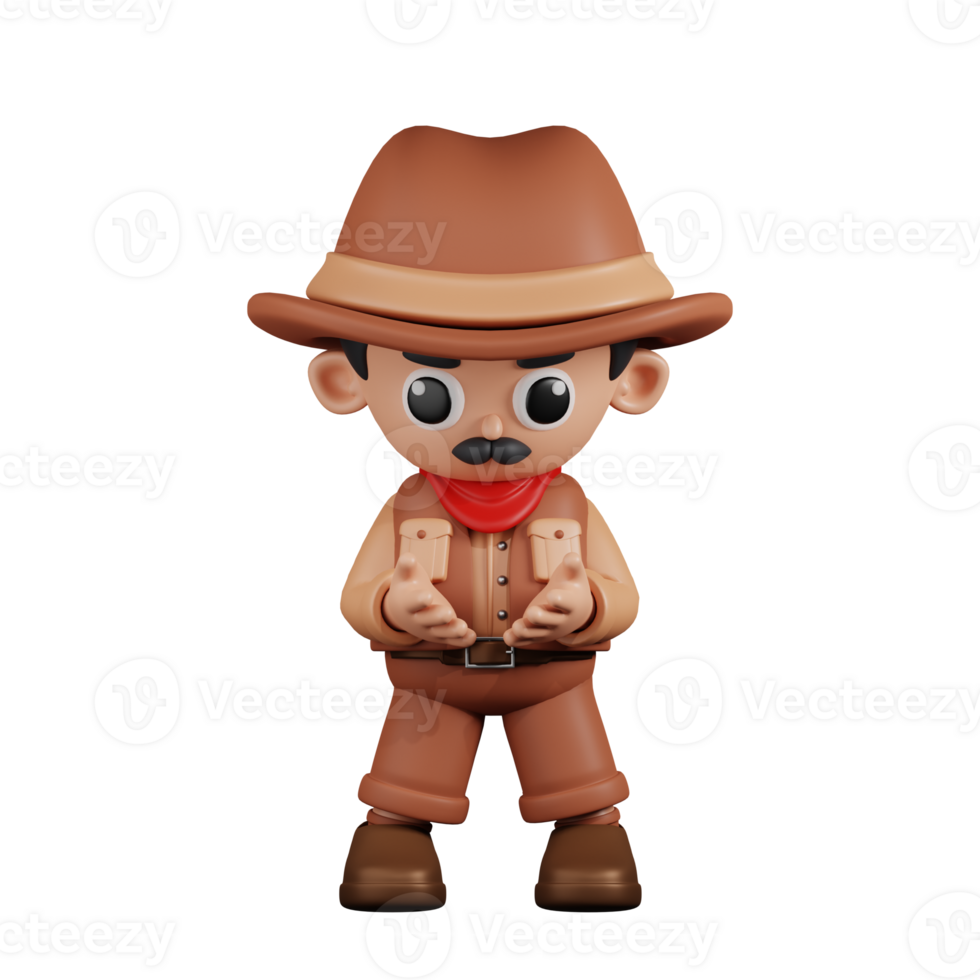 3d Character Cowboy Holding Something Pose. 3d render isolated on transparent backdrop. png