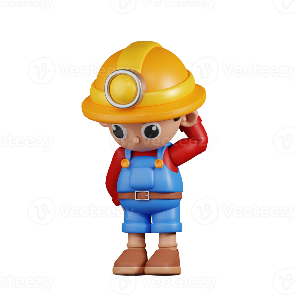 3d Character Miner Worry Pose. 3d render isolated on transparent backdrop. png