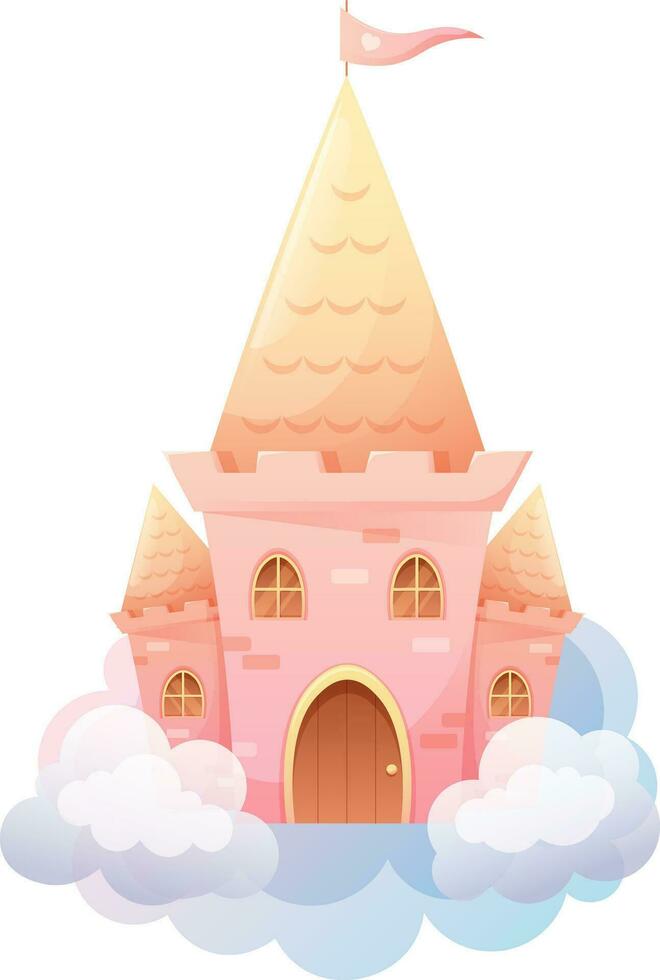 Princess's airy pink castle is flying on the clouds. Castle in the sky, magical house. Vector illustration for babies and children