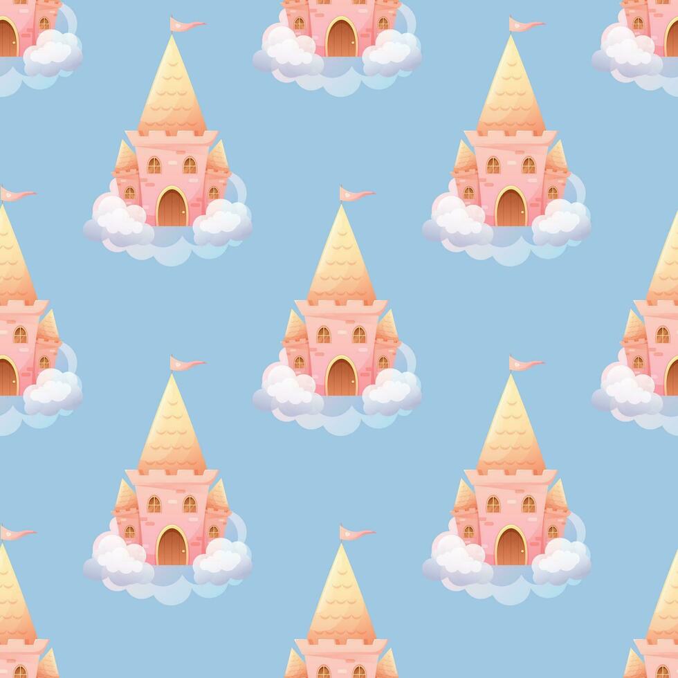 Children's pattern with pink princess air castle in the clouds. Vector pattern for children's goods, fabrics, toys