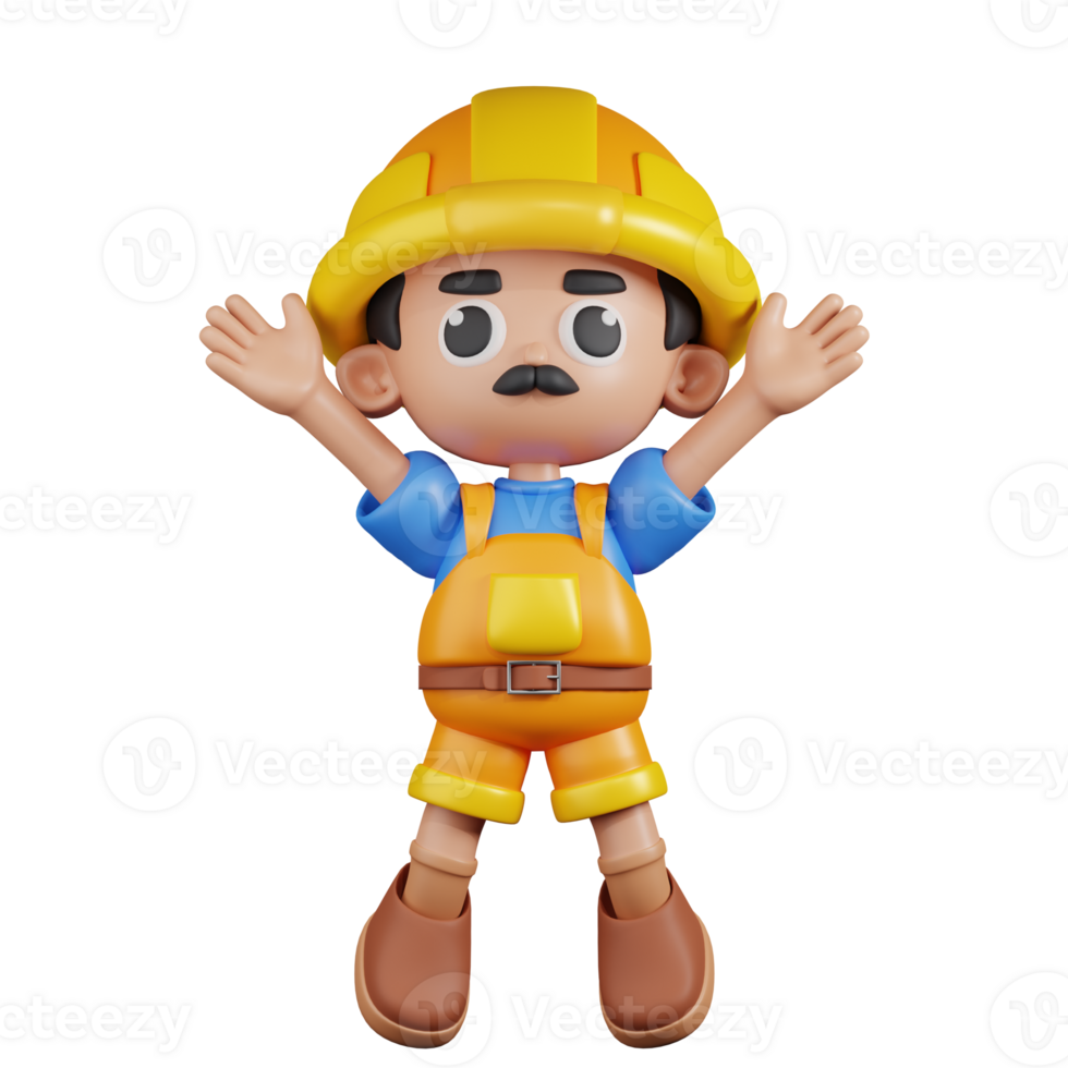 3d Character Builder Jumping Celebration Pose. 3d render isolated on transparent backdrop. png