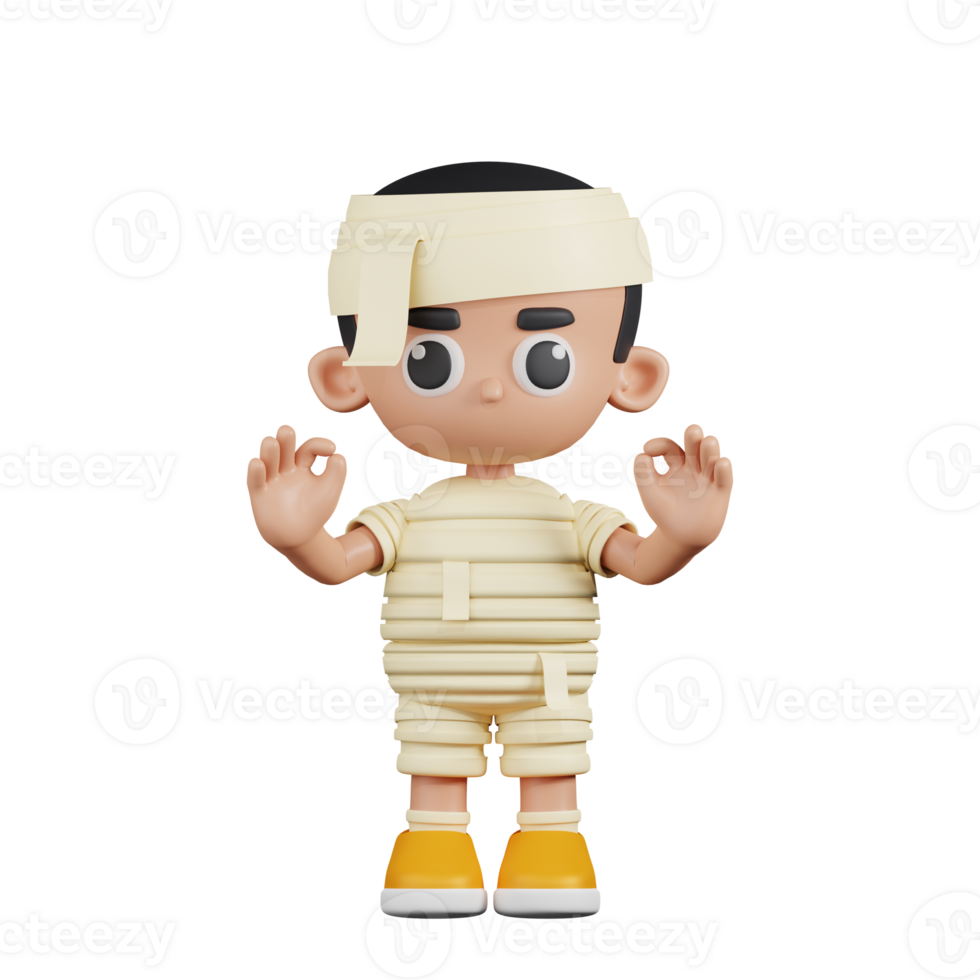 3d Character Mummy Giving Ok Hand Gesture Pose. 3d render isolated on transparent backdrop. png