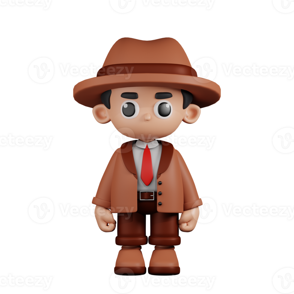 3d Character Detective Standing Pose. 3d render isolated on transparent backdrop. png