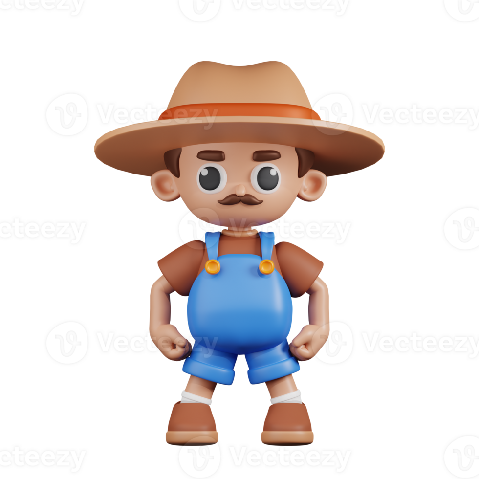 3d Character Farmer Hero Stance Pose. 3d render isolated on transparent backdrop. png