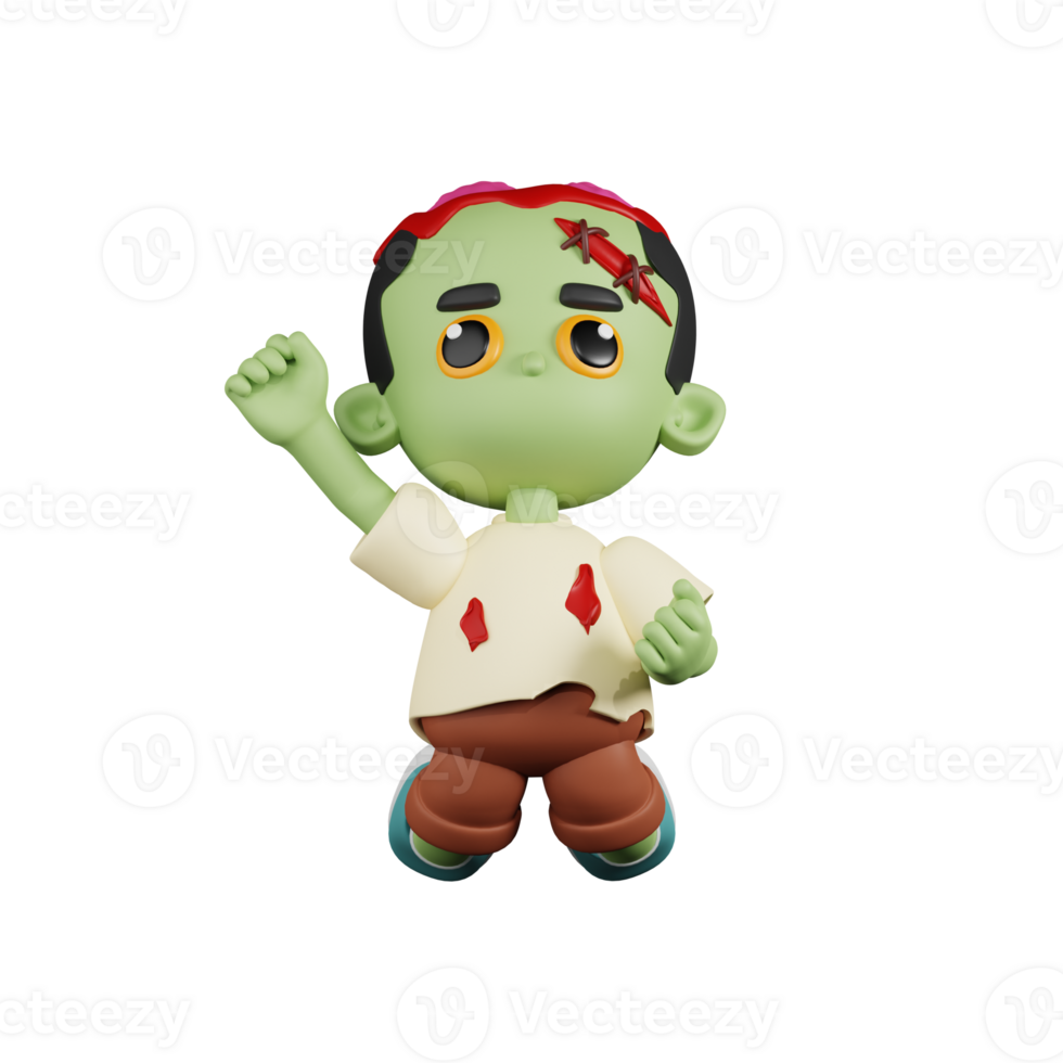 3d Character Zombie Jumping In The Air Pose. 3d render isolated on transparent backdrop. png