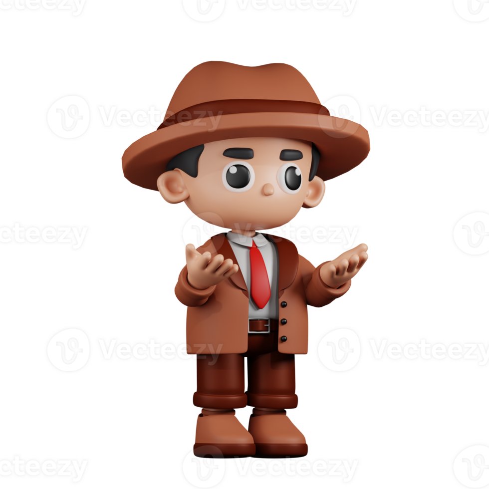 3d Character Detective Angry Pose. 3d render isolated on transparent backdrop. png