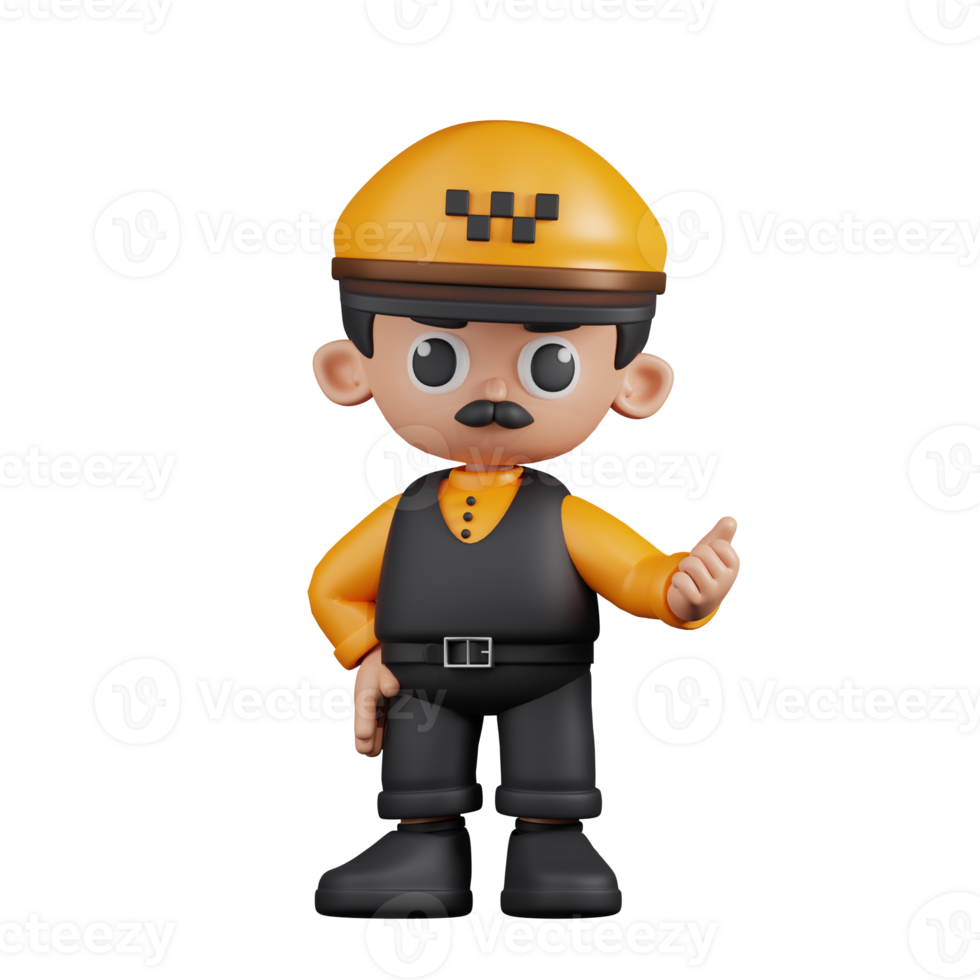 3d Character Taxi Driver Pointing Next Pose. 3d render isolated on transparent backdrop. png