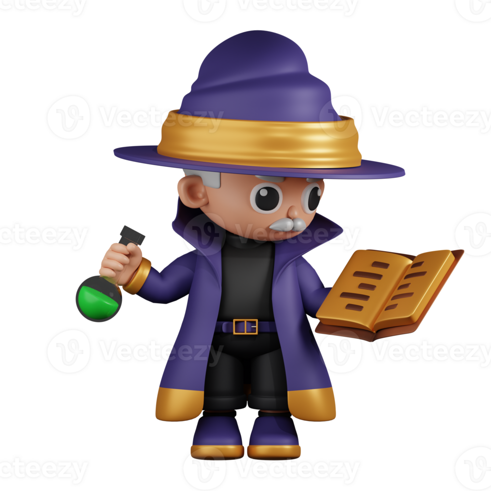 3d Character Wizard Reading A Spellbook While Holding Potion Pose. 3d render isolated on transparent backdrop. png