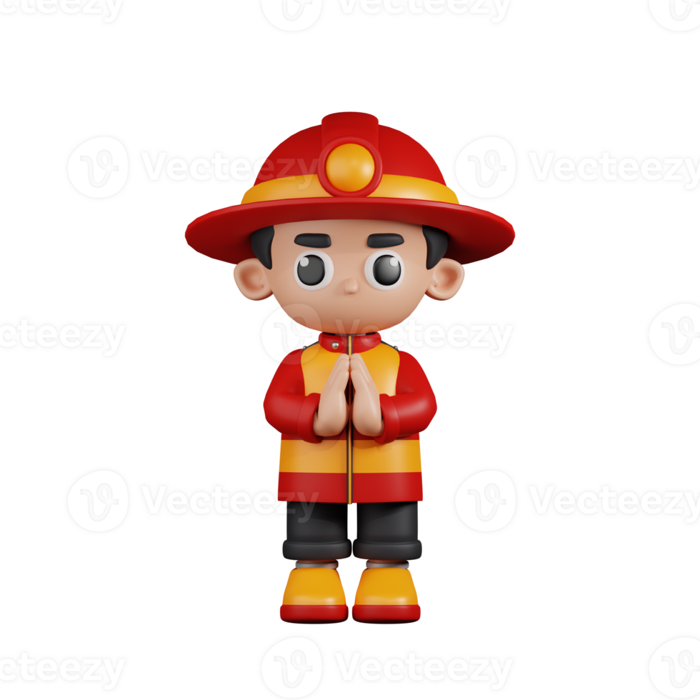 3d Character Firefighter Apologizing Pose. 3d render isolated on transparent backdrop. png