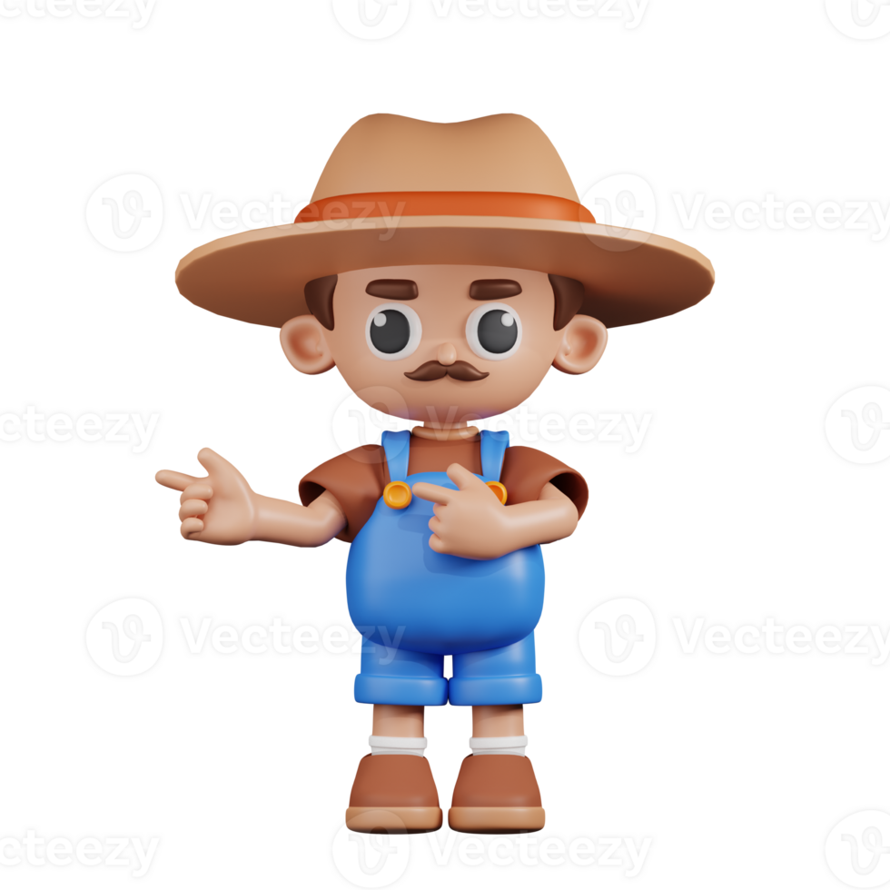 3d Character Farmer Pointing Fingers In Direction Pose. 3d render isolated on transparent backdrop. png