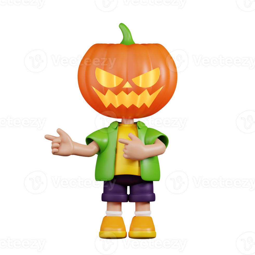 3d Character Pumpkin Pointing Fingers In Direction Pose. 3d render isolated on transparent backdrop. png