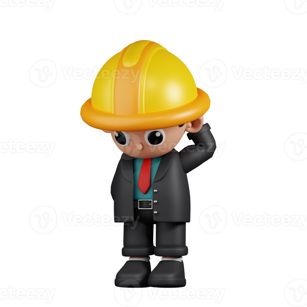 3d Character Engineer Worry Pose. 3d render isolated on transparent backdrop. png