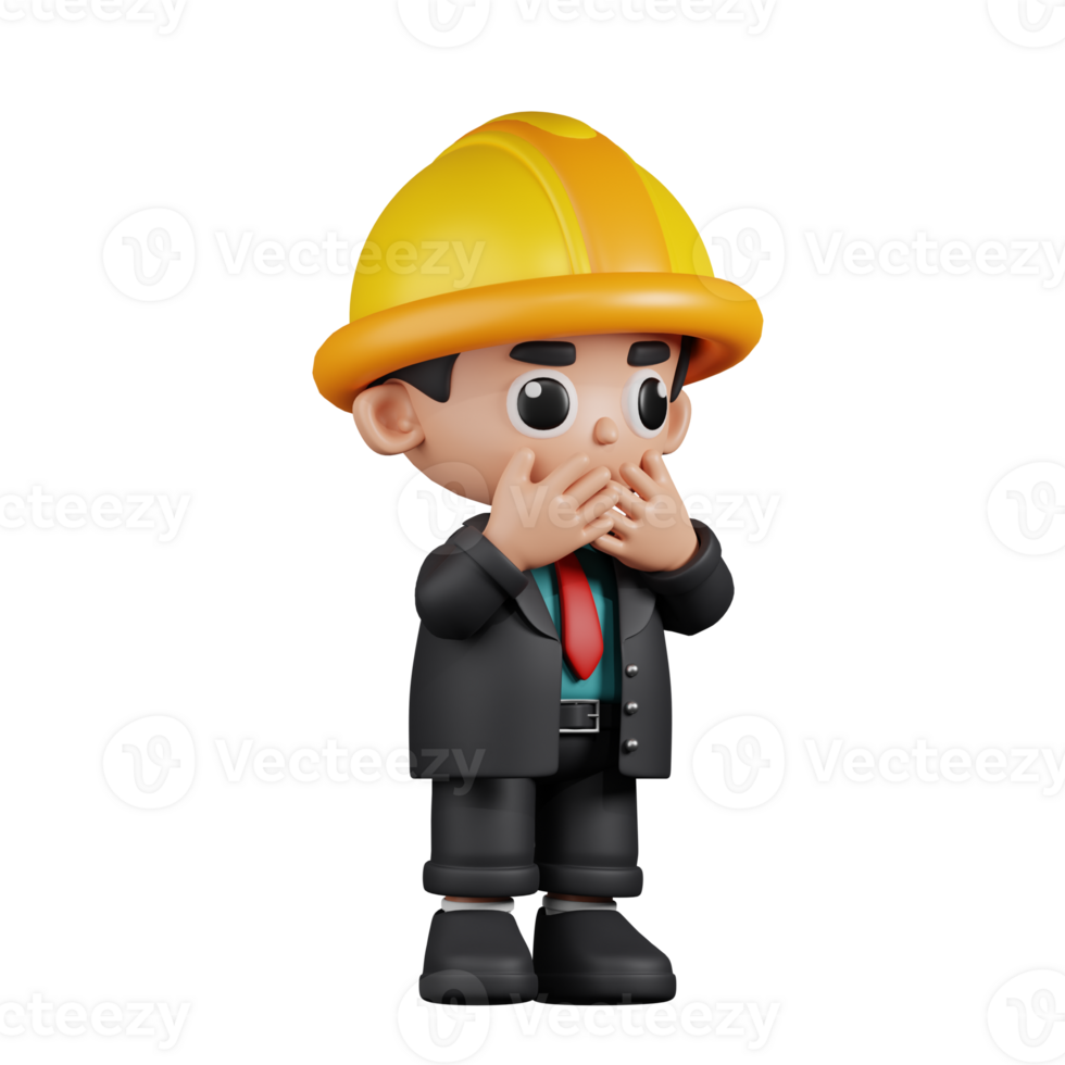 3d Character Engineer Affraid Pose. 3d render isolated on transparent backdrop. png