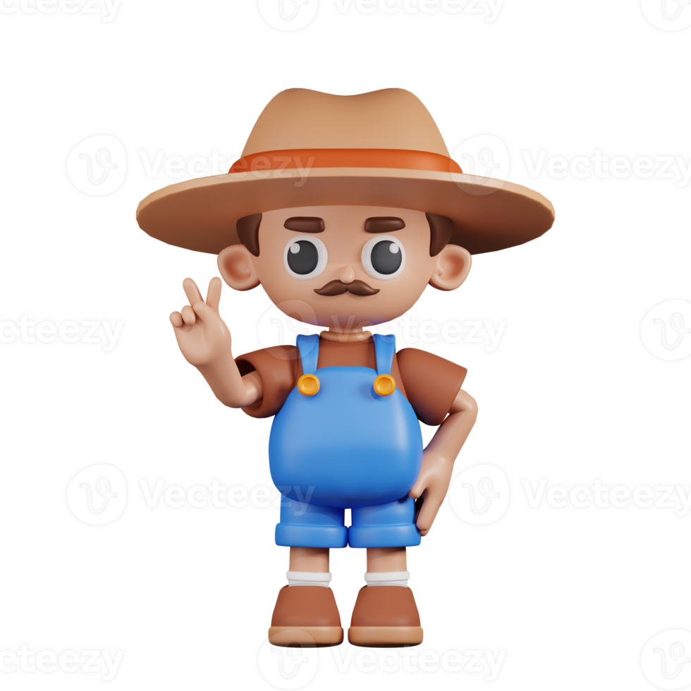 3d Character Farmer Showing Peace Sign Pose. 3d render isolated on transparent backdrop. png