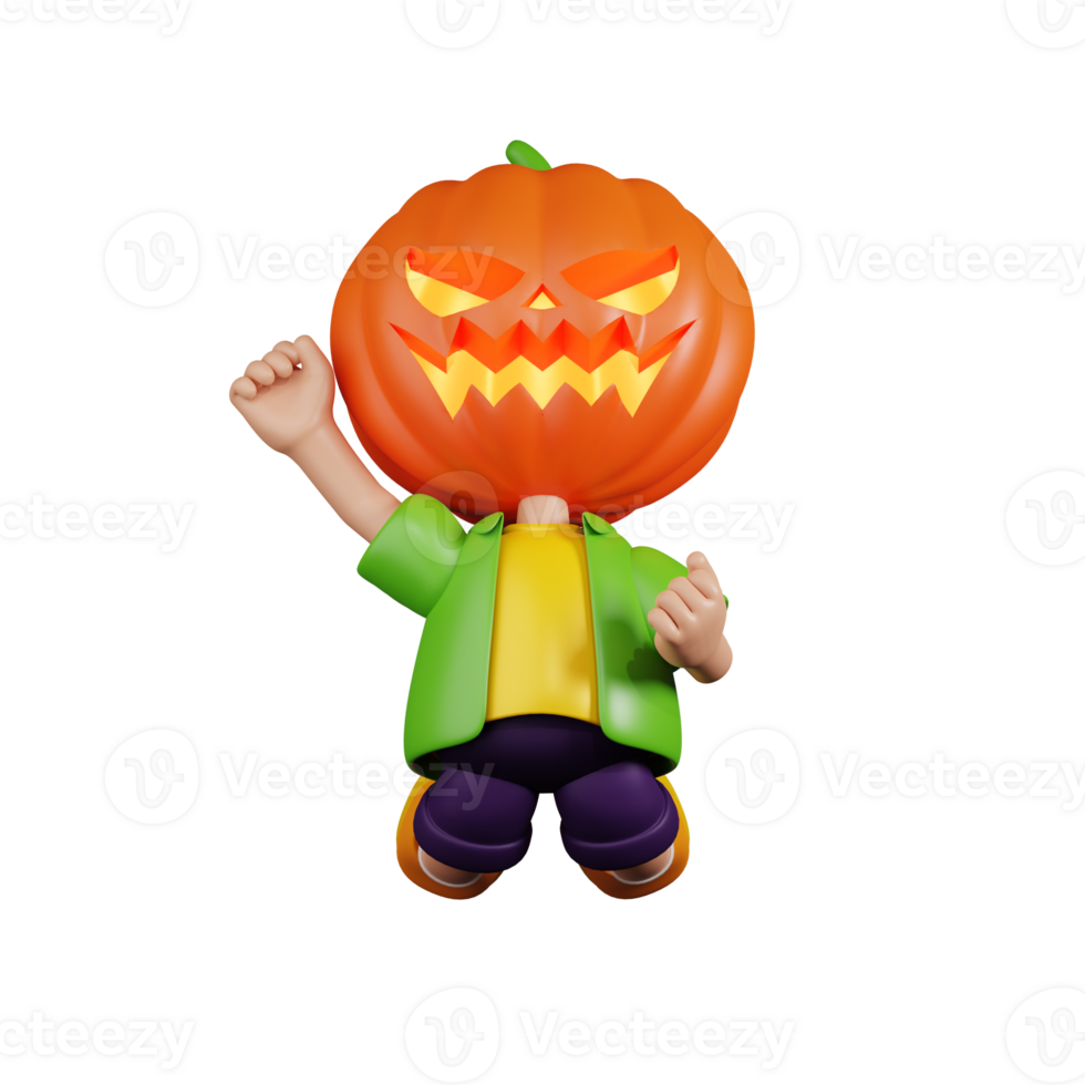3d Character Pumpkin Jumping In The Air Pose. 3d render isolated on transparent backdrop. png