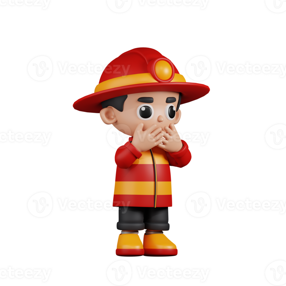 3d Character Firefighter Affraid Pose. 3d render isolated on transparent backdrop. png