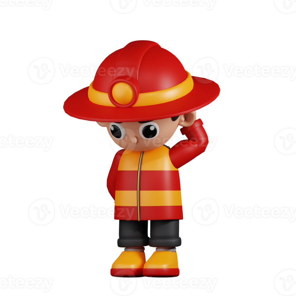 3d Character Firefighter Worry Pose. 3d render isolated on transparent backdrop. png