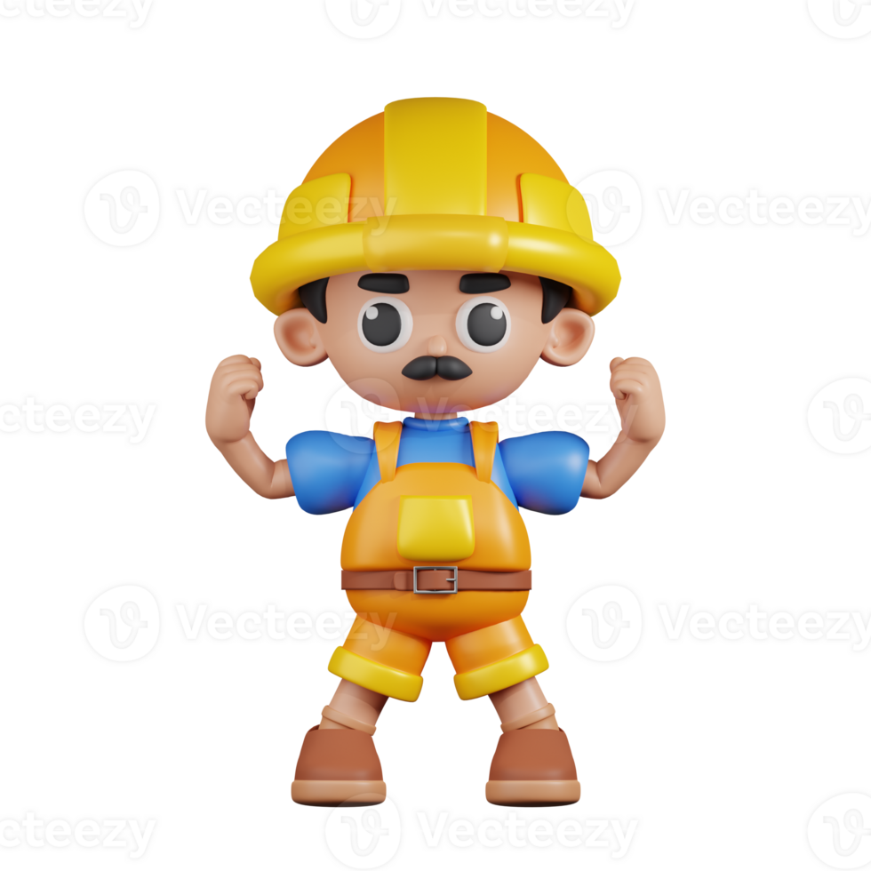 3d Character Builder Looking Strong Pose. 3d render isolated on transparent backdrop. png