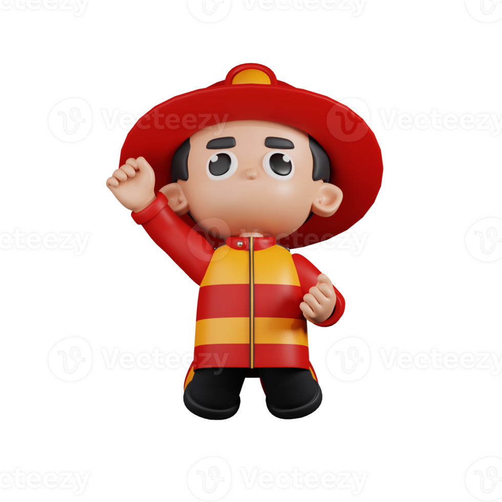 3d Character Firefighter Jumping In The Air Pose. 3d render isolated on transparent backdrop. png