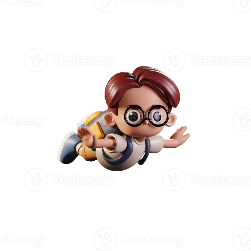 3d Character Student Flying Pose. 3d render isolated on transparent backdrop. png