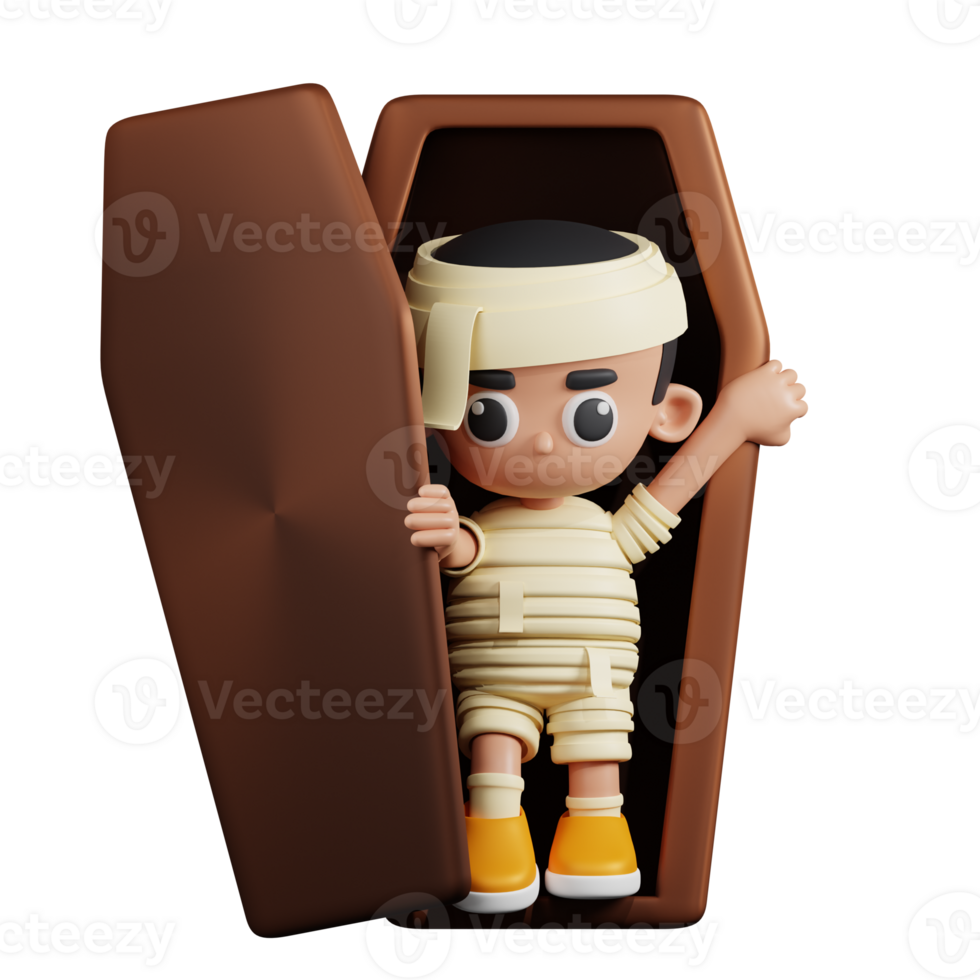 3d Character Mummy Out From A Coffin Pose. 3d render isolated on transparent backdrop. png