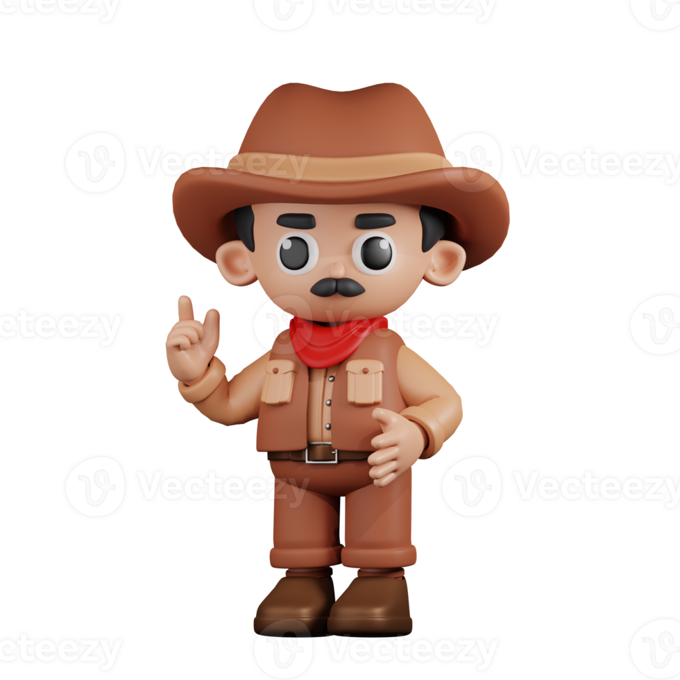 3d Character Cowboy Giving Advise Pose. 3d render isolated on transparent backdrop. png