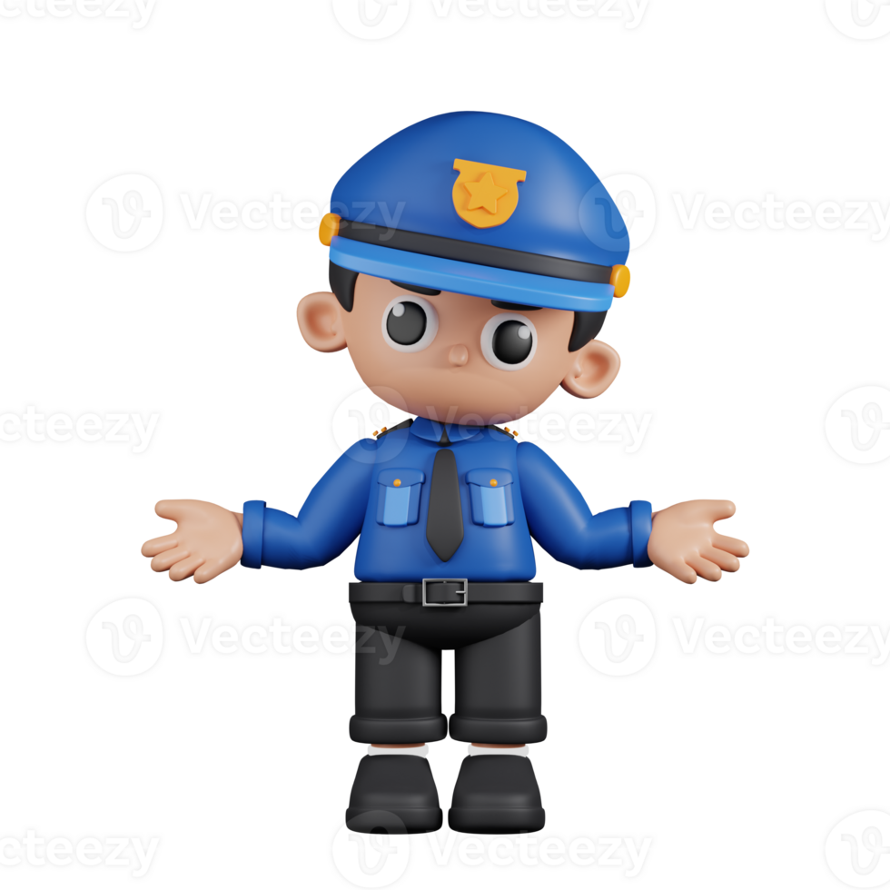3d Character Policeman Doing The No Idea Pose. 3d render isolated on transparent backdrop. png