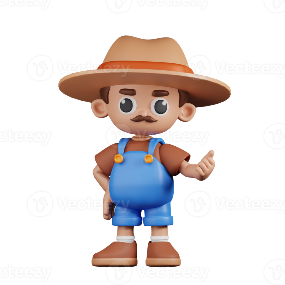 3d Character Farmer Pointing Next Pose. 3d render isolated on transparent backdrop. png
