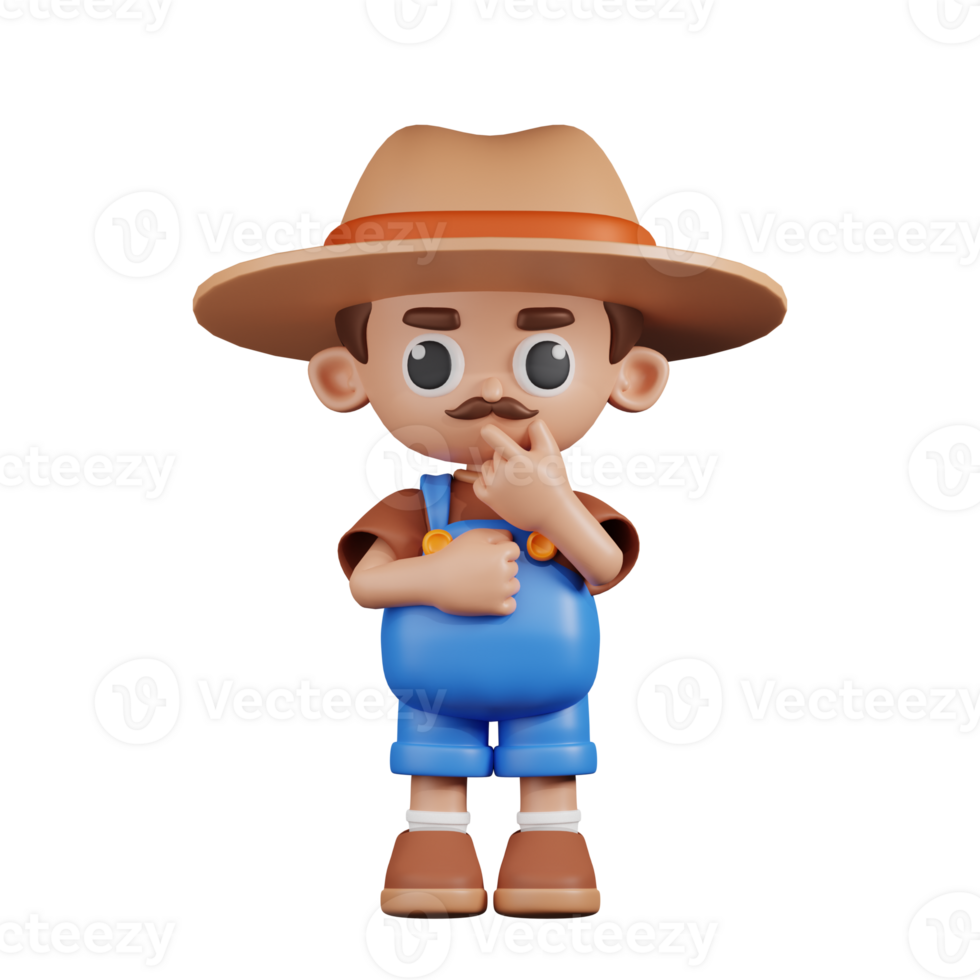 3d Character Farmer Curious Poses. 3d render isolated on transparent backdrop. png