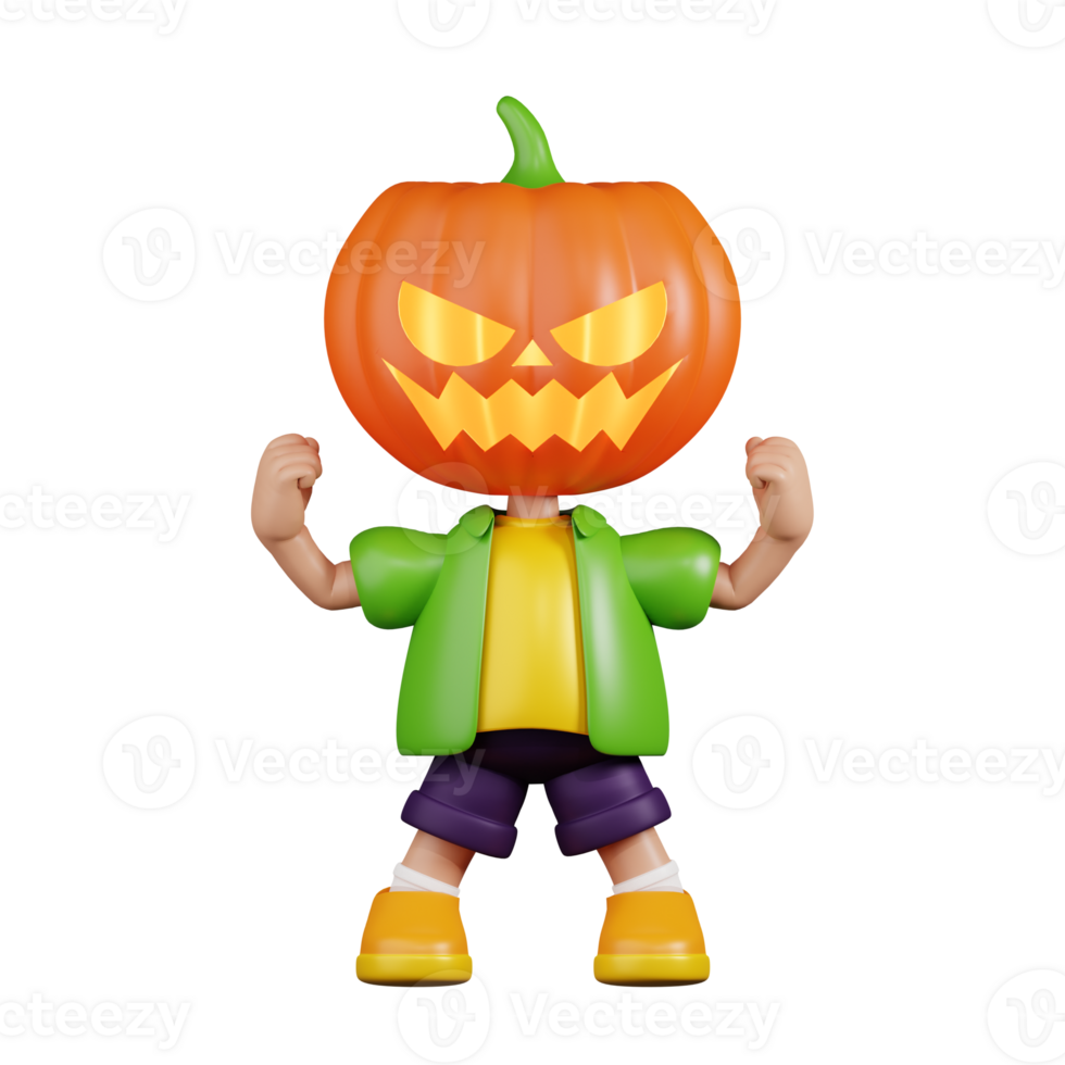 3d Character Pumpkin Looking Strong Pose. 3d render isolated on transparent backdrop. png
