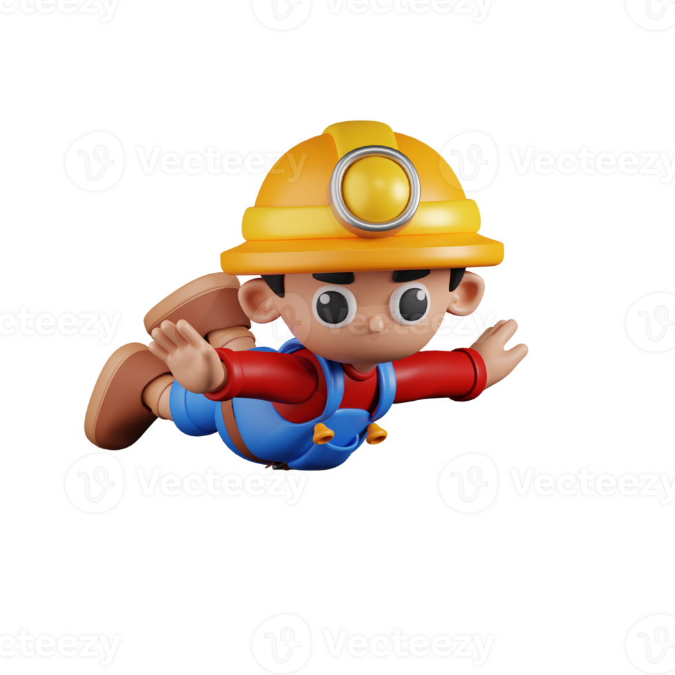 3d Character Miner Flying Pose. 3d render isolated on transparent backdrop. png