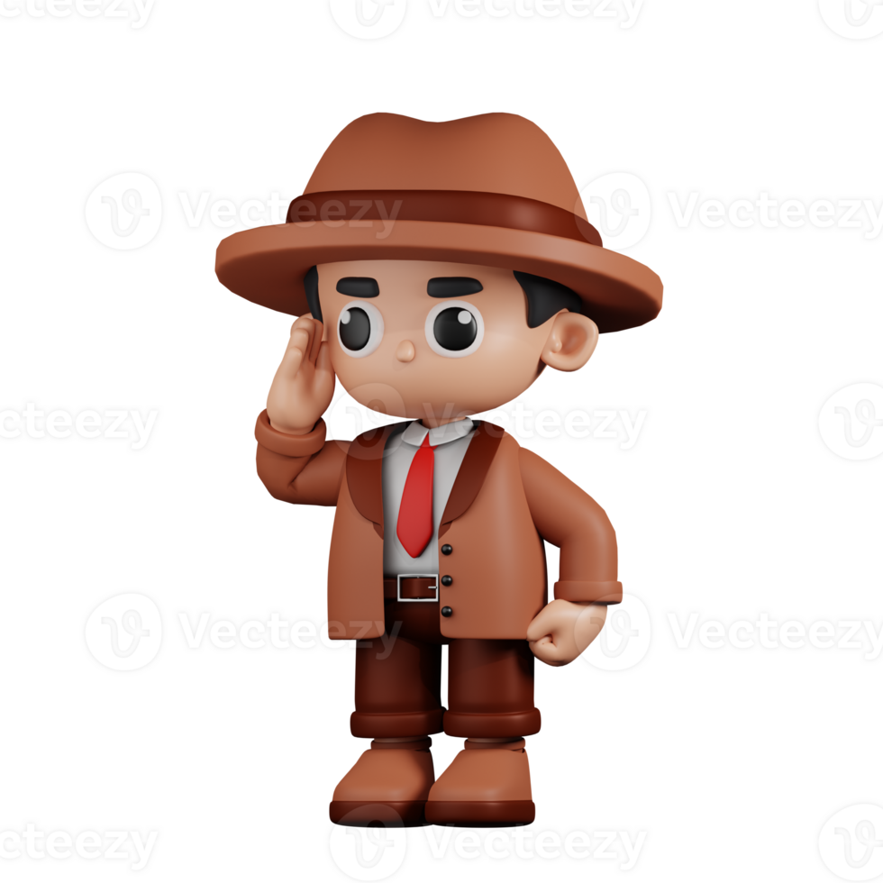 3d Character Detective Giving Salute Pose. 3d render isolated on transparent backdrop. png