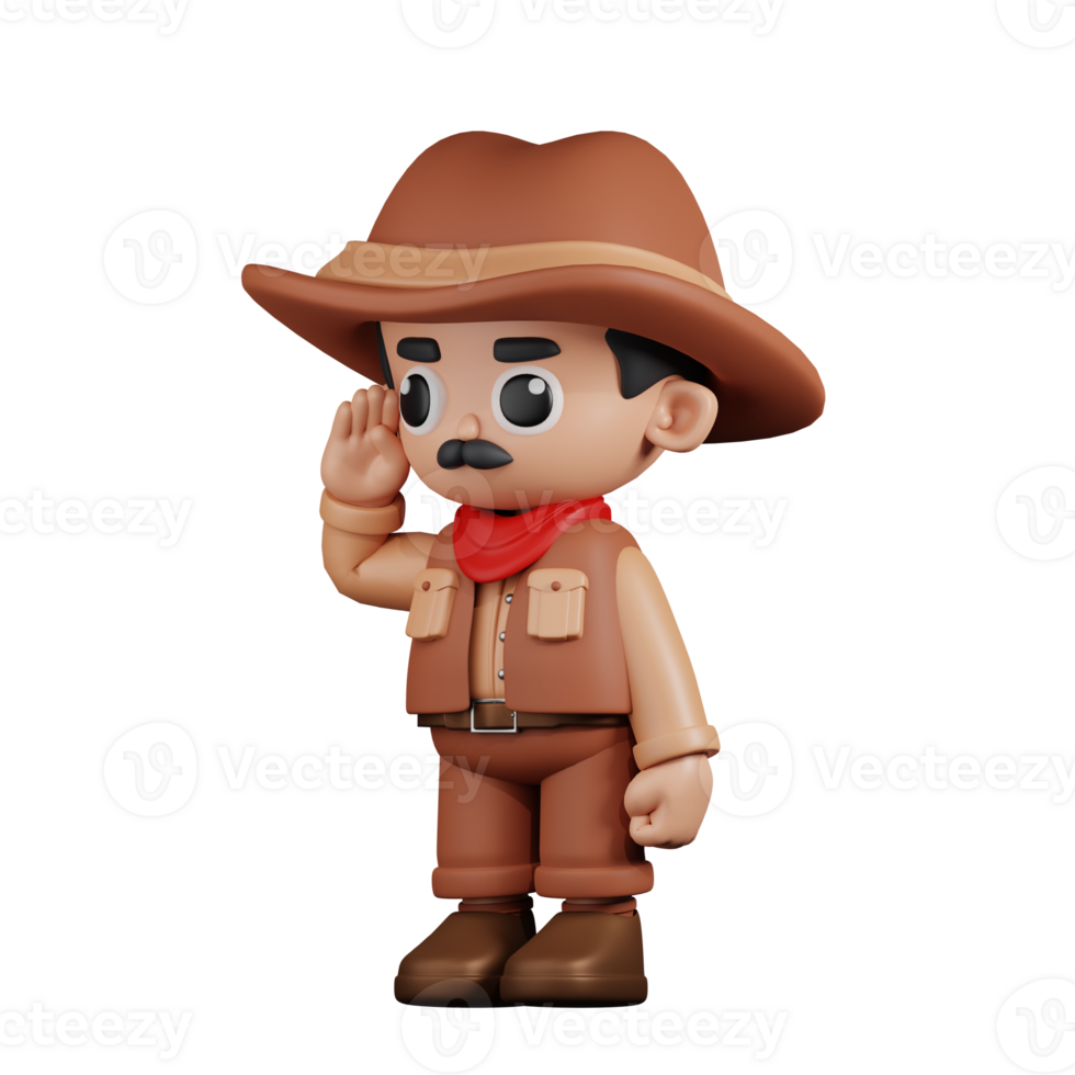 3d Character Cowboy Giving Salute Pose. 3d render isolated on transparent backdrop. png