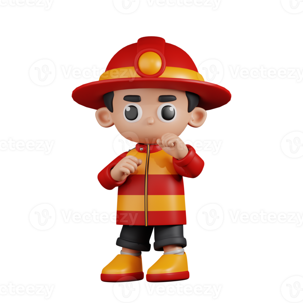 3d Character Firefighter Ready To Fight Pose. 3d render isolated on transparent backdrop. png