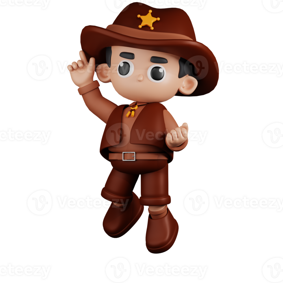 3d Character Sheriff Happy Jumping Poses. 3d render isolated on transparent backdrop. png