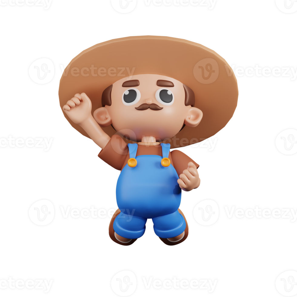 3d Character Farmer Jumping In The Air Pose. 3d render isolated on transparent backdrop. png